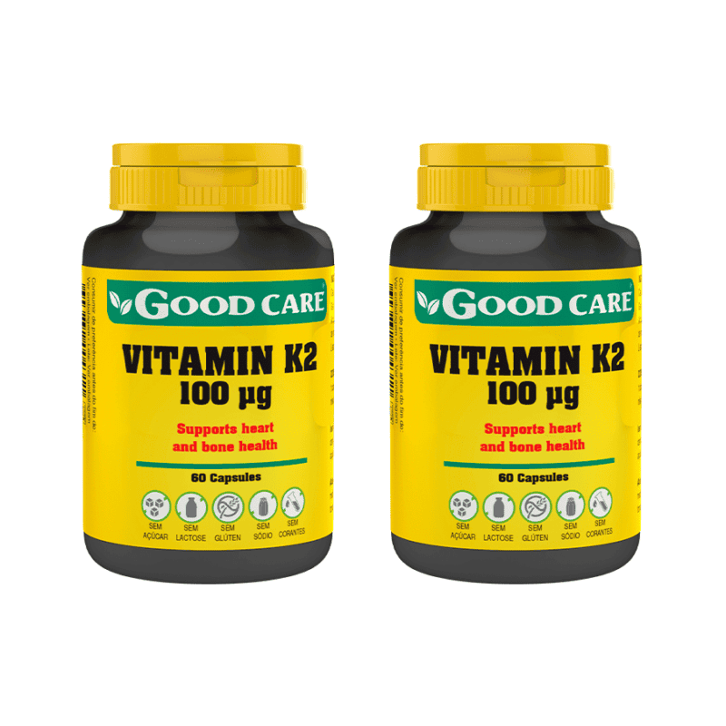 Vitamina K2 100 µg Good Care Pack 2 x 60 cápsulas, suplemento alimentar com menaquinona-7 para a manutenção de ossos normais e da coagulação normal do sangue.
