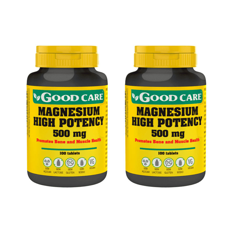 Magnésio Alta Potência 500 mg Good Care pack 2 x 100 comprimidos suplemento mineral para músculos sistema nervoso energia e redução do cansaço
