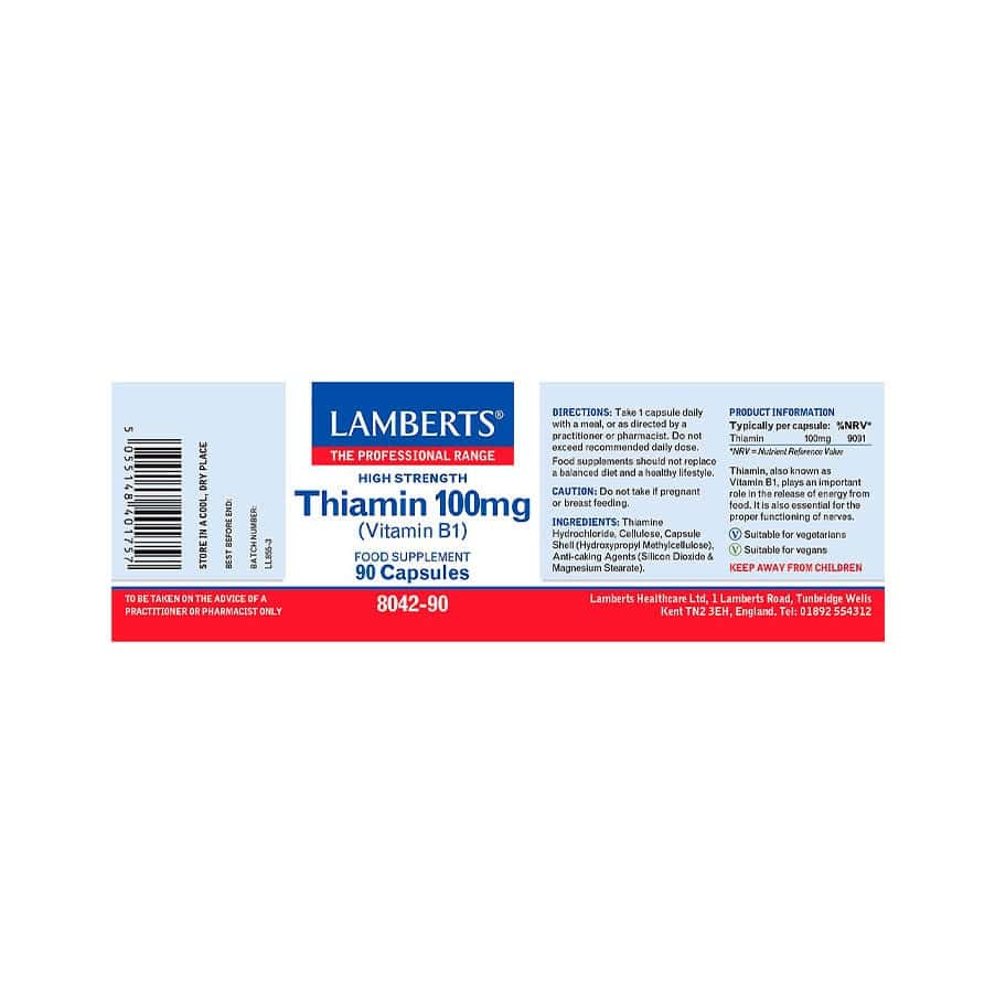 Tiamina (Vitamina B1) 100mg 90 Cápsulas Lamberts
