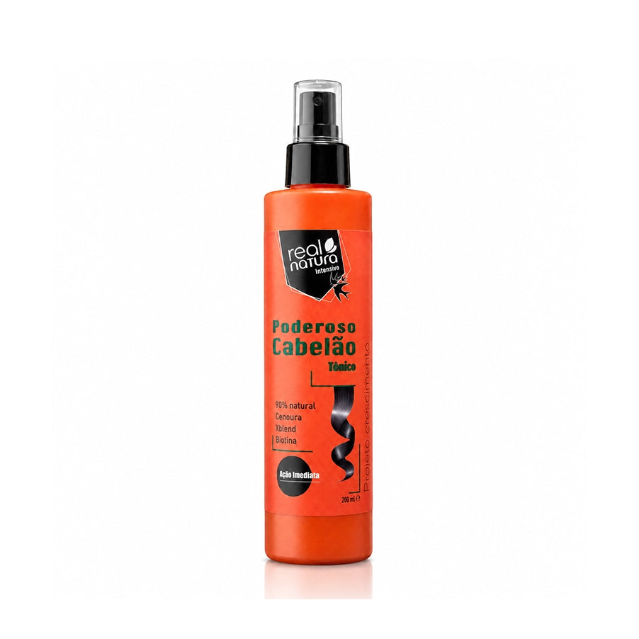 Tónico Poderoso Cabelão 200ml Real Natura, tónico capilar com óleo de cenoura, biotina e Xblend para fortalecer o cabelo desde a raiz.