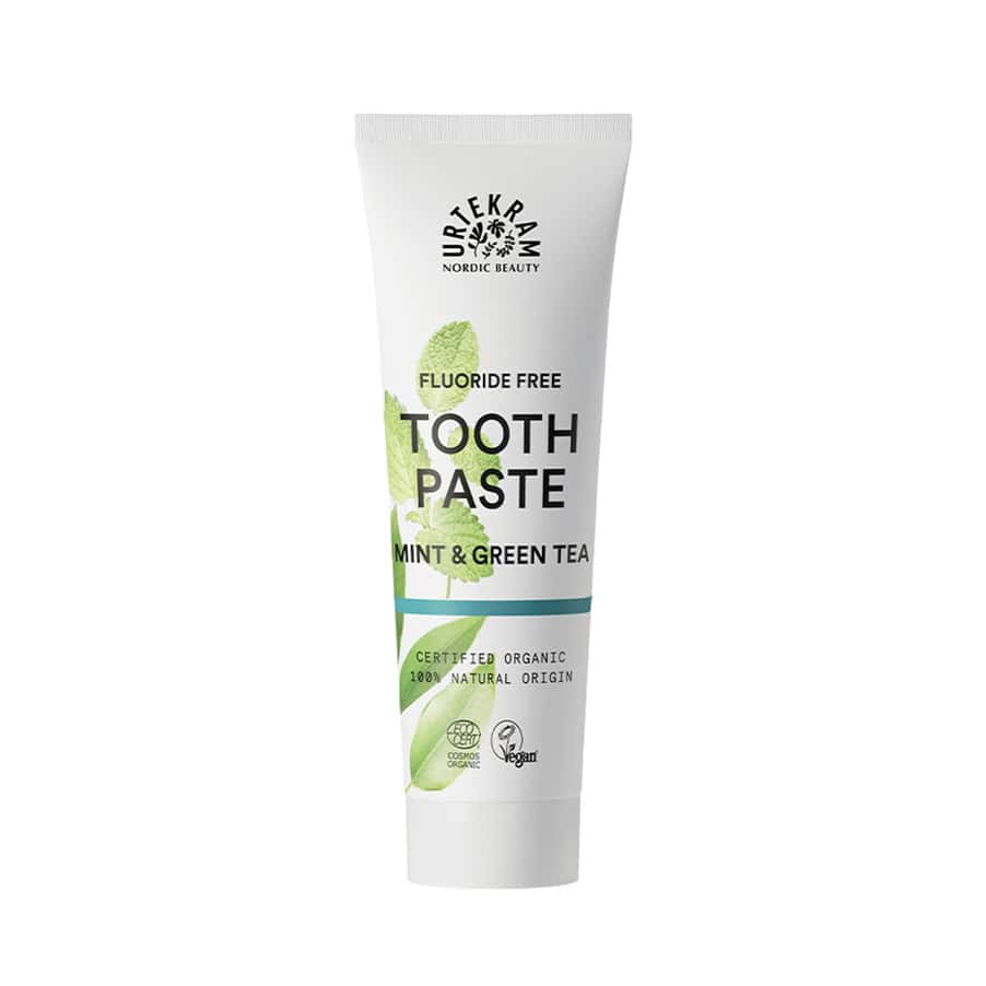 Pasta Dentífrica de Menta e Chá Verde 75ml da Urtekram em tubo original.