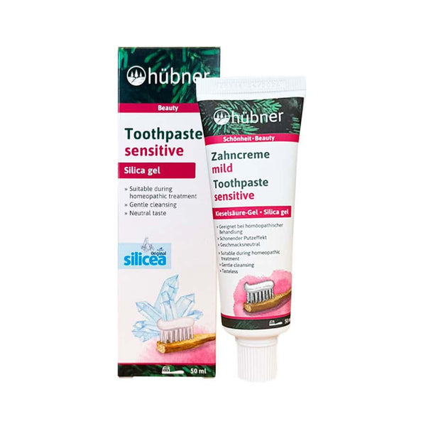 Tubo de pasta de dientes Silicea de la marca Hubner, sin mentol, envase de 50 ml, ideal para el cuidado bucal natural y sin flúor.