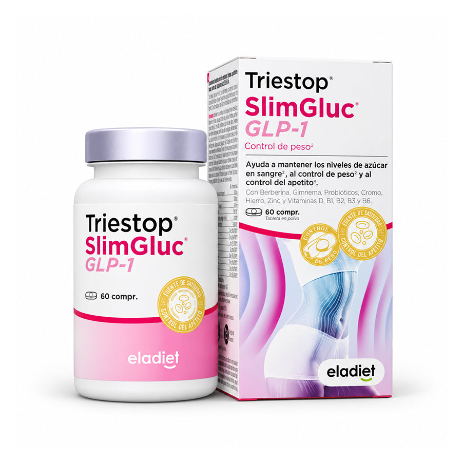 Triestop SlimGluc GLP-1 Eladiet, suplemento com berberis, gimnema, vitaminas e minerais, em embalagem de 60 comprimidos.