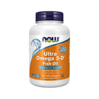 Ultra Omega 3-D Fish Oil 90 Cápsulas Peixe Now Foods em embalagem branca com tampa laranja.