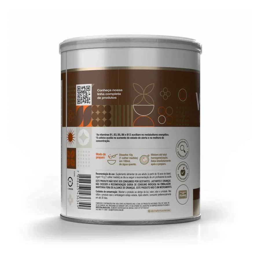 Embalagem de V-Coffee Energy Boost 220g da Vitafor, café funcional em pó com cafeína, TCM e taurina para energia e foco mental.
