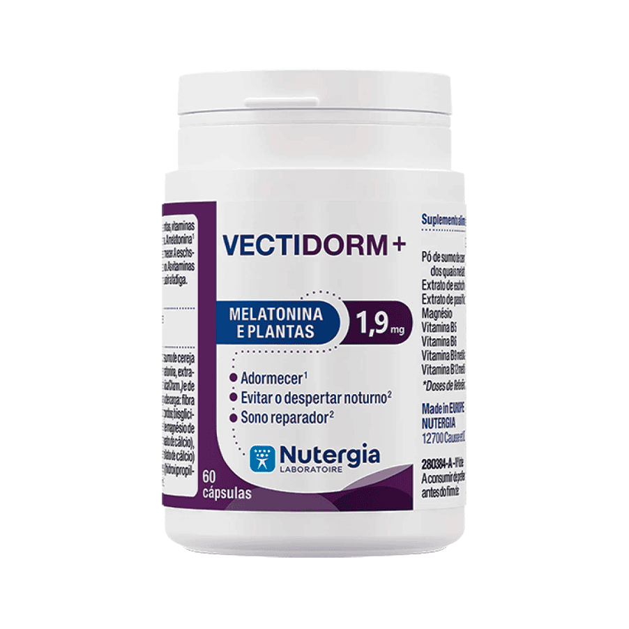 vectidorm plus nutergia frasco branco com 60 cápsulas, suplemento natural para promover sono tranquilo e reduzir insónias
