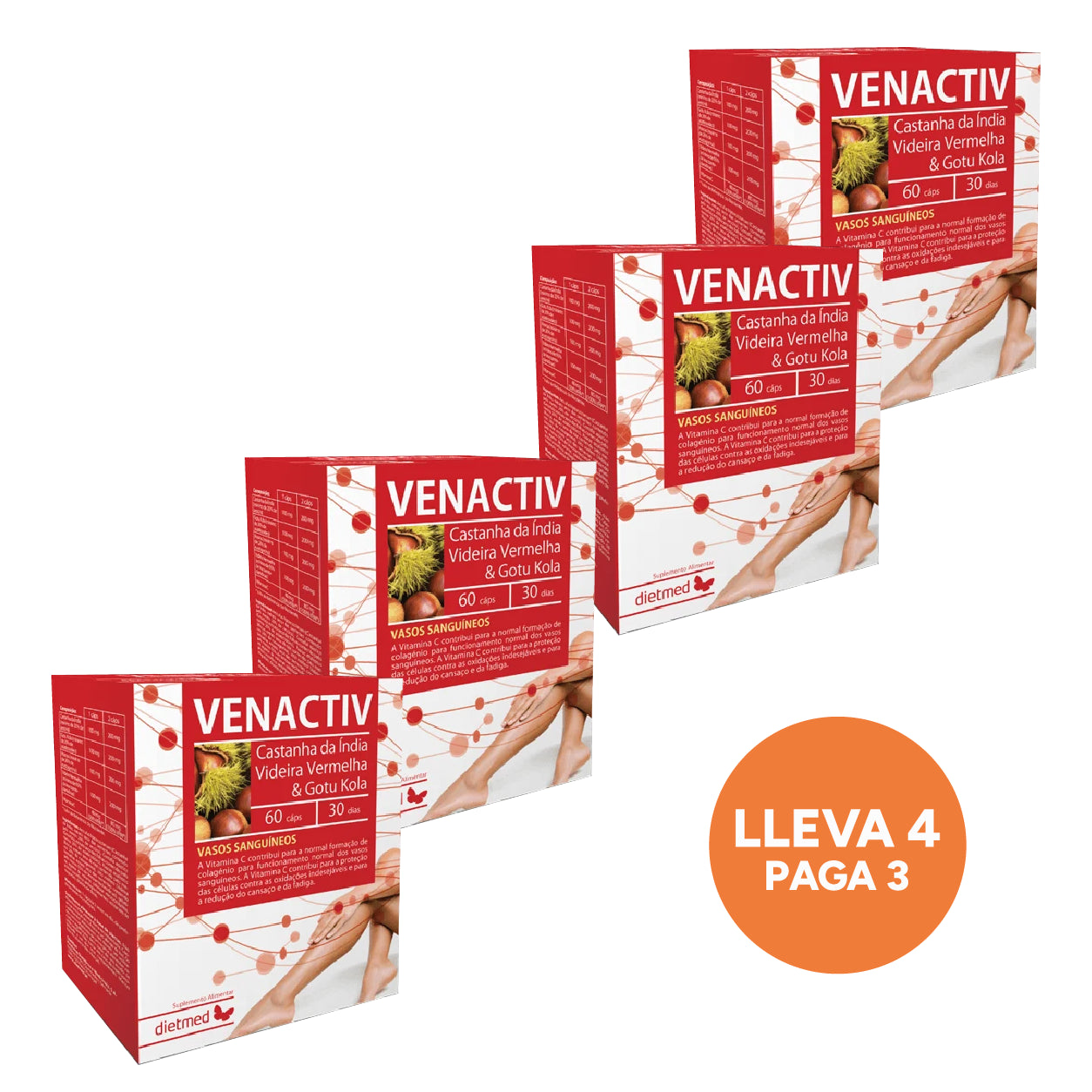 Venactiv 60 Cápsulas Dietmed Leve 4 Pague 3 para apoio ao bem-estar das pernas.
