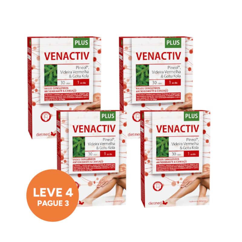 Venactiv Plus 30 Cápsulas Dietmed Leve 4 Pague 3, pack de 4 suplementos alimentares com centelha asiática, gilbardeira, videira vermelha, Pineol e vitamina C.