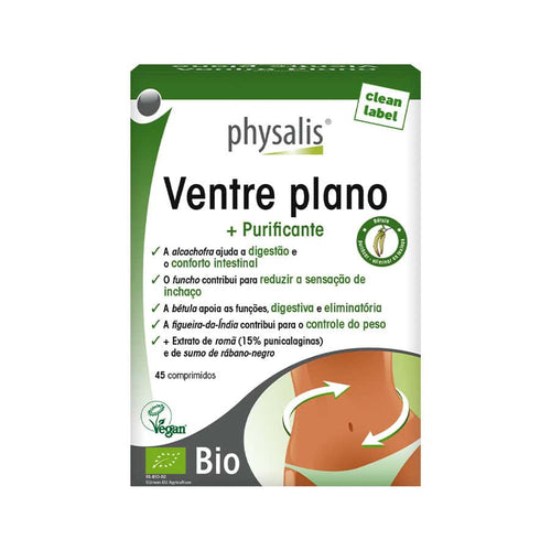 Flat Belly Physalis, frasco con 45 comprimidos, una fórmula natural con plantas digestivas para reducir la hinchazón abdominal.