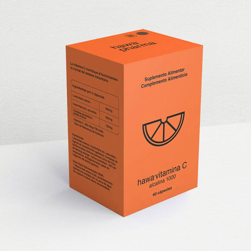 Vitamina C alcalina Hawa 1000 mg de Hawa Pharma en cápsulas, un complemento alimenticio para reforzar el sistema inmunitario.