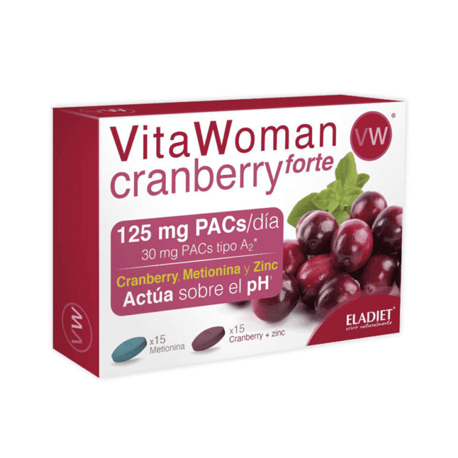 Envase de las tabletas Vita Woman Cranberry Forte 15+15 de Eladiet, que favorecen la salud urinaria y el bienestar de la mujer.