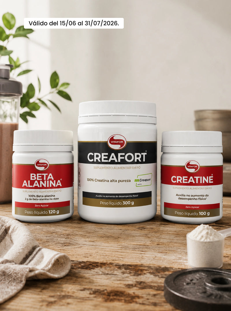 Banner promocional da Vitafor com produtos de nutrição desportiva, incluindo beta alanina, creatina e Creafort, com até 56% de desconto, válido de 15/06 a 31/07/2026.