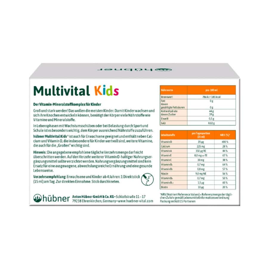 Embalagem do Multivital Kids com 15 saquetas de 15ml da Hübner, suplemento vitamínico para suporte infantil.