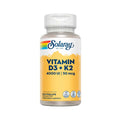 Suplemento Solaray de vitamina D3 4000 UI + K2 50 mcg en frasco con 120 cápsulas, que favorece la fortaleza de los huesos, el sistema inmunitario y la salud cardiovascular.
