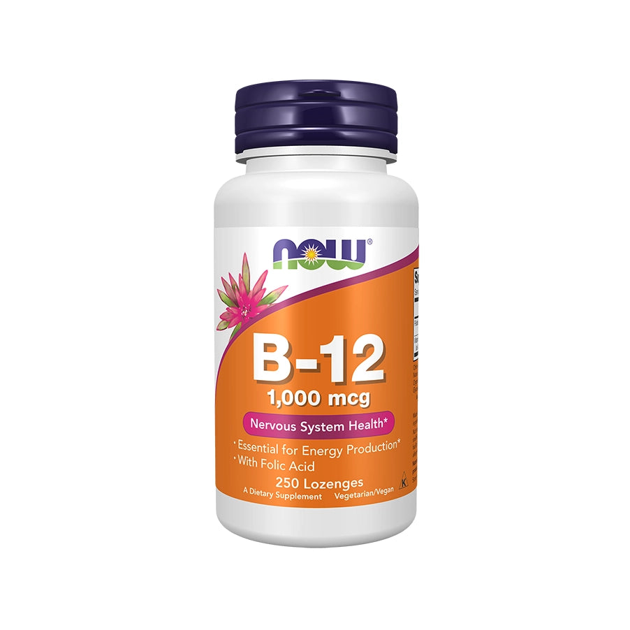 Vitamina B12 1000mcg 250 Losangos Now Foods em embalagem branca com tampa laranja.