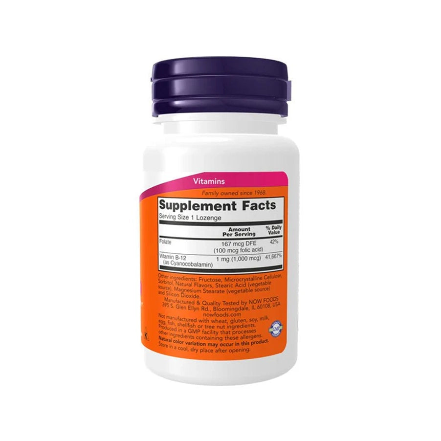 Vitamina B12 1000mcg 250 Losangos Now Foods em embalagem branca com tampa laranja.