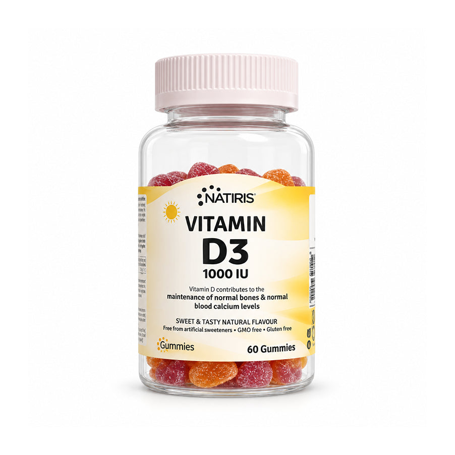 Vitamina D3 1000 UI Natiris, suplemento alimentar em embalagem de 60 gomas.