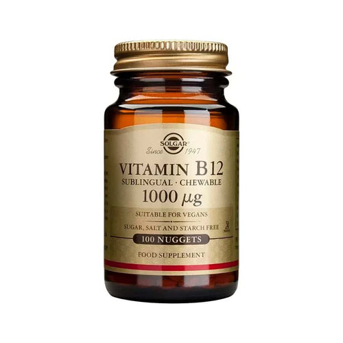 Solgar Vitamina B12 1000mcg, frasco con 100 comprimidos, un suplemento para la energía, el sistema nervioso y la vitalidad.