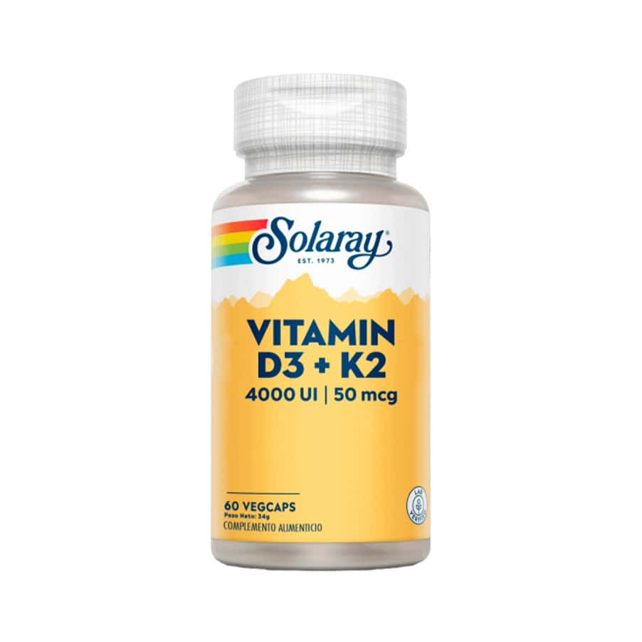 Frasco de suplemento Solaray Vitamina D3 4000UI + K2 50mcg com 60 cápsulas, suporte para ossos fortes, imunidade e saúde cardiovascular.