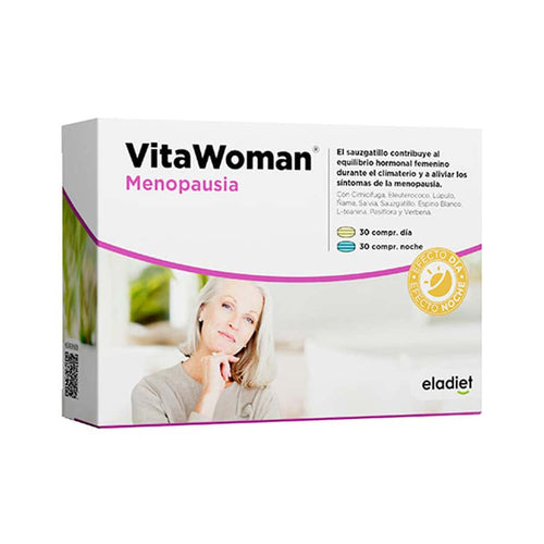 Vita Woman Menopause 30 + 30 Cápsulas, frasco de Eladiet, un complemento para el equilibrio hormonal y el bienestar femenino.