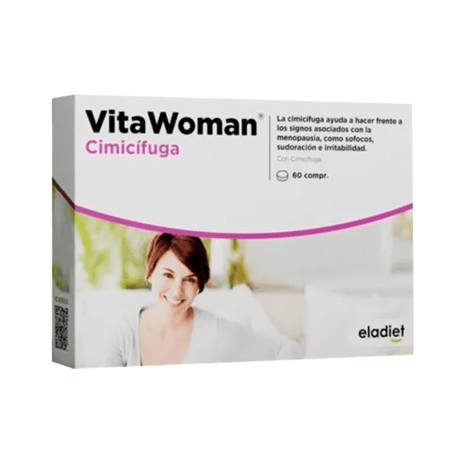 Frasco do Vita Woman Cimicífuga com 60 comprimidos da Eladiet, suporte natural para o equilíbrio hormonal feminino.