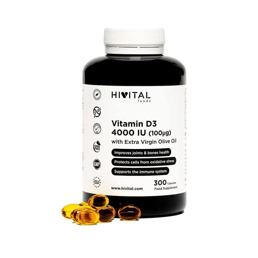Frasco de 300 cápsulas de vitamina D3 4000 UI de la marca Hivital, un suplemento esencial para la salud ósea, la inmunidad y el bienestar general.
