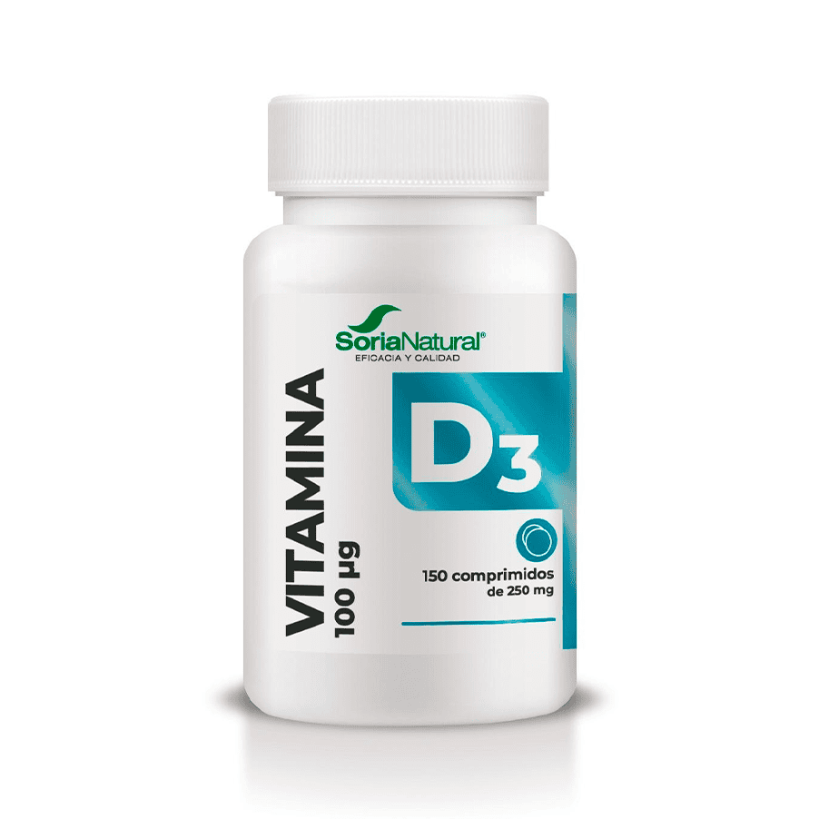 "Frasco da Vitamina D3 100µg com 150 comprimidos da Soria Natural, suplemento essencial para saúde óssea e imunidade.