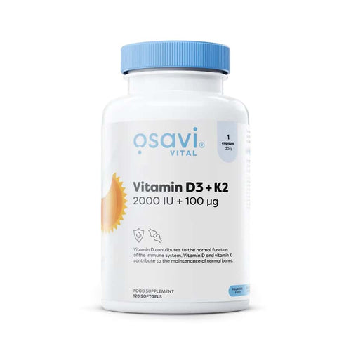 Vitamina D3 + K2 2000 UI + 100 mcg 120 cápsulas Osavi, un suplemento con vitamina D3 Quali®-D y vitamina K2 K2VITAL® en aceite de coco MCT.