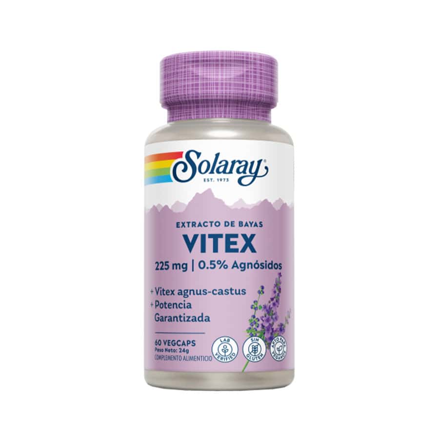 Suplemento Solaray Vitex de 225 mg, frasco con 60 cápsulas, extracto de angélica-vitex para el equilibrio hormonal femenino y el bienestar menstrual.