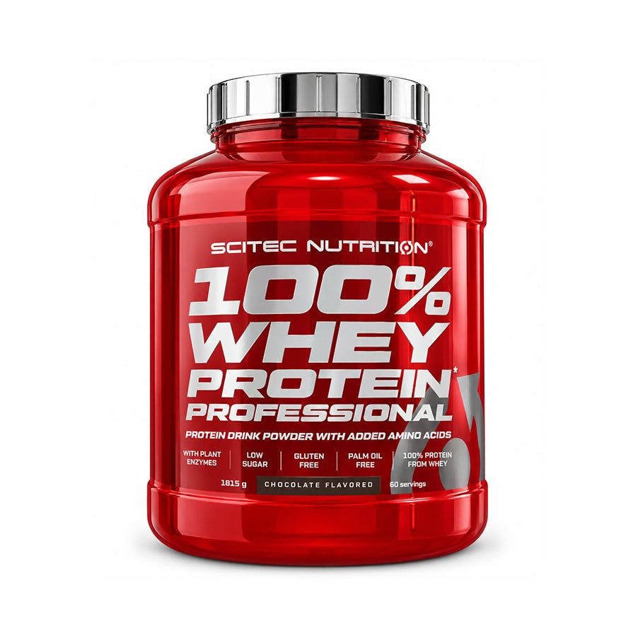 100% Whey Protein Professional chocolate 1815g da Scitec Nutrition, proteína de soro de leite em pó com sabor a chocolate.