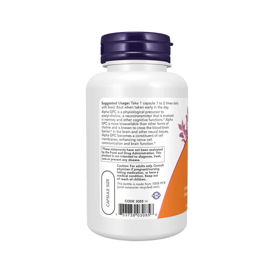 Suplemento Alpha GPC 300mg da Now Foods em frasco com 60 cápsulas, apoio à função cognitiva e memória.