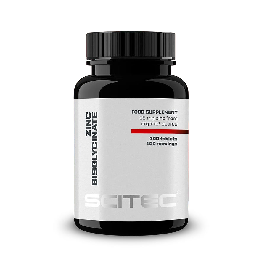 Zinc Bisglycinate Scitec Nutrition, suplemento alimentar com bisglicinato de zinco, em embalagem de 100 comprimidos.