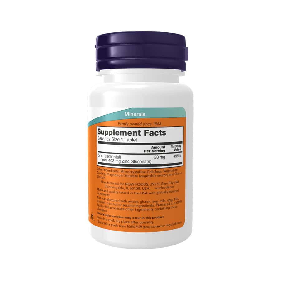 Gluconato de zinco 50mg Now Foods em comprimidos para suporte do sistema imunitário