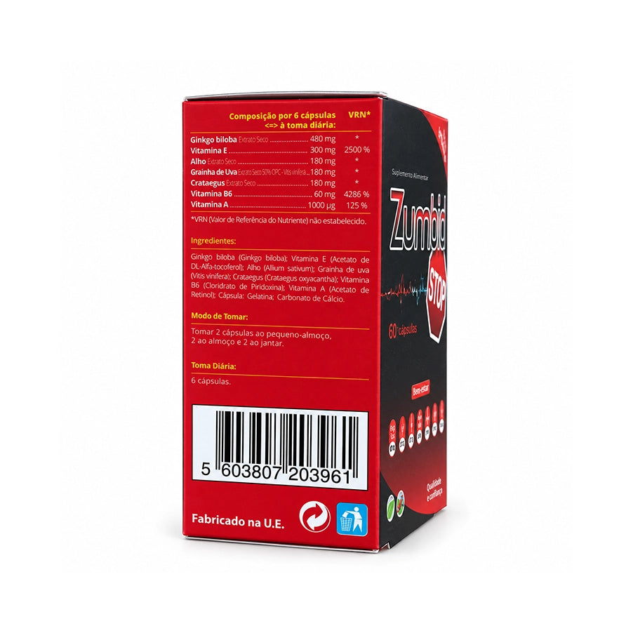 Zumbid Stop 60 cápsulas da CHI, suplemento alimentar com ginkgo biloba, alho, grainha de uva, crataegus e vitaminas A, B6 e E.