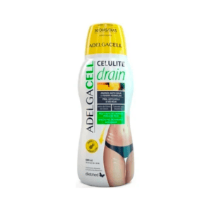 adelgacell celulite drain dietmed 600 ml em frasco transparente com líquido cor âmbar, suplemento drenante para combater celulite e retenção de líquidos