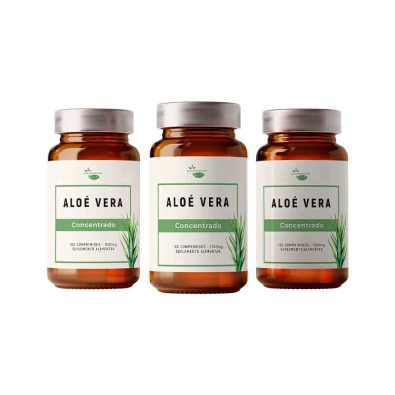 Pack 3 de Aloe Vera 1500mg, con 100 comprimidos de la marca Peixe Verde. Este complemento ayuda a resolver problemas intestinales como el estreñimiento. Facilita la digestión, acelera la cicatrización de heridas y ayuda a tratar la helmintiasis. Nuestra fórmula elimina las toxinas del organismo y también ayuda a regular los niveles de colesterol, glucosa y ácido úrico.