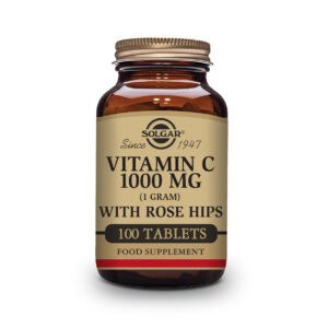 Frasco de suplemento de Vitamina C 1000 mg con Rosa Mosqueta de Solgar, que contiene 100 comprimidos. Fórmula antioxidante para el apoyo inmunitario y la salud celular.