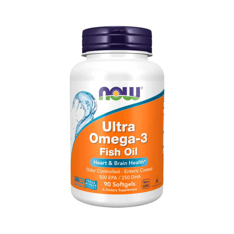 Suplemento Ultra Omega-3 Fish Oil 90 Cápsulas NOW para saúde do coração e cérebro. Cor predominante do frasco é branca com detalhes em laranja vibrante no rótulo.