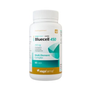 Frasco del suplemento Super BlueCell 450mg con 60 cápsulas de Vegafarma, un producto vegano de apoyo celular y antioxidante.