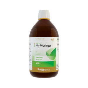 Frasco do MyMoringa 3500mg 500ml da Vegafarma, suplemento líquido rico em nutrientes para energia e bem-estar.