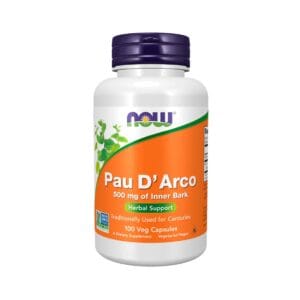 Frasco de suplemento de Pau D'Arco 500 mg, 100 cápsulas, de Now Foods, indicado como apoyo herbal y utilizado tradicionalmente desde hace siglos.