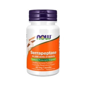 Frasco de NOW Foods Serrapeptase, con 60 cápsulas vegetales, indicado para el apoyo inmunitario, la salud respiratoria y la acción antiinflamatoria.