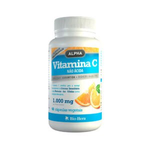 Frasco de Vitamina C no ácida con 30 cápsulas de BioHera, un suplemento de apoyo inmunitario y antioxidante.