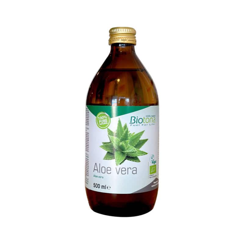 Frasco de Sumo de Aloe Vera 500ml da Biotona, bebida biológica para bem-estar digestivo.
