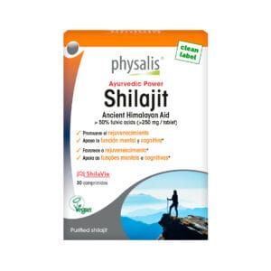 Envase de Physalis Shilajit 30 Comprimidos - este complemento alimenticio favorece el rejuvenecimiento, apoya las funciones mentales y cognitivas.