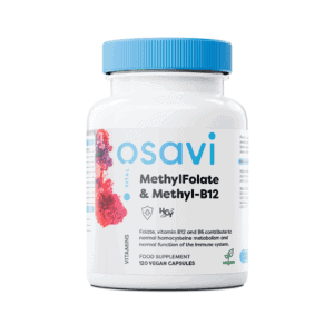 Complemento alimenticio en cápsulas veganas que contienen formas metiladas activas de ácido fólico (Quatrefolic®) y vitamina B12 (metilcobalamina). Ayuda al metabolismo de la homocisteína, a la función psicológica normal y a reducir el cansancio y la fatiga.