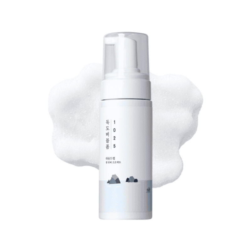 Frasco da 1025 Dokdo Espuma Facial de Limpeza 150ml da Round Lab, limpador suave e hidratante para todos os tipos de pele.