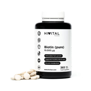 Frasco de 365 comprimidos de Biotina Pura Hivital 10000mg, un suplemento para la salud del cabello, la piel y las uñas.