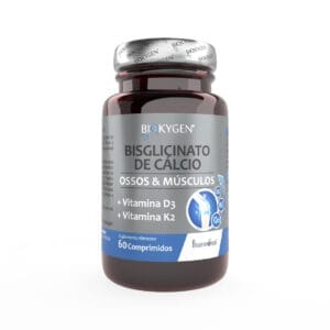 Envase para Bisglicinato de Calcio 60 Comprimidos Biokygen, con un moderno diseño en blanco y azul, ideal para fortalecer los huesos y apoyar la salud general.