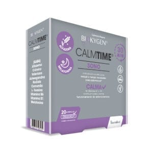 Envase Calmtime Sono 20 Ampollas Biokygen, en blanco y azul, ideal para favorecer un sueño tranquilo y reparador de forma natural.